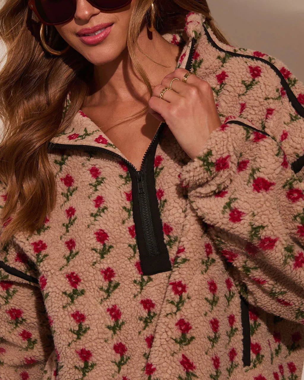 Pauleen Sherpa Floral Quarter Zip Sweatshirt