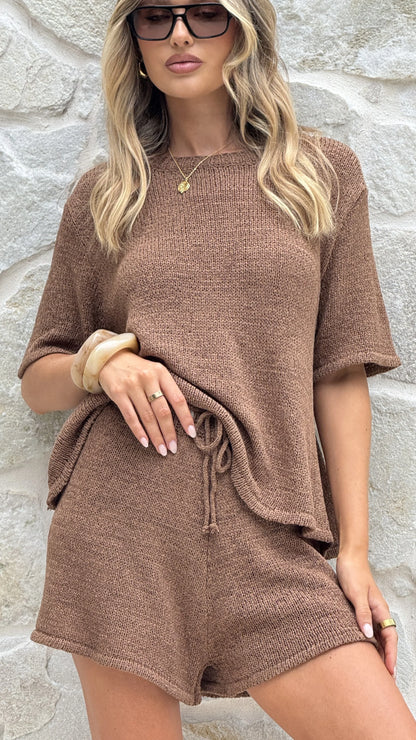 Makai Knitted T Shirt and Shorts Set Chocolate