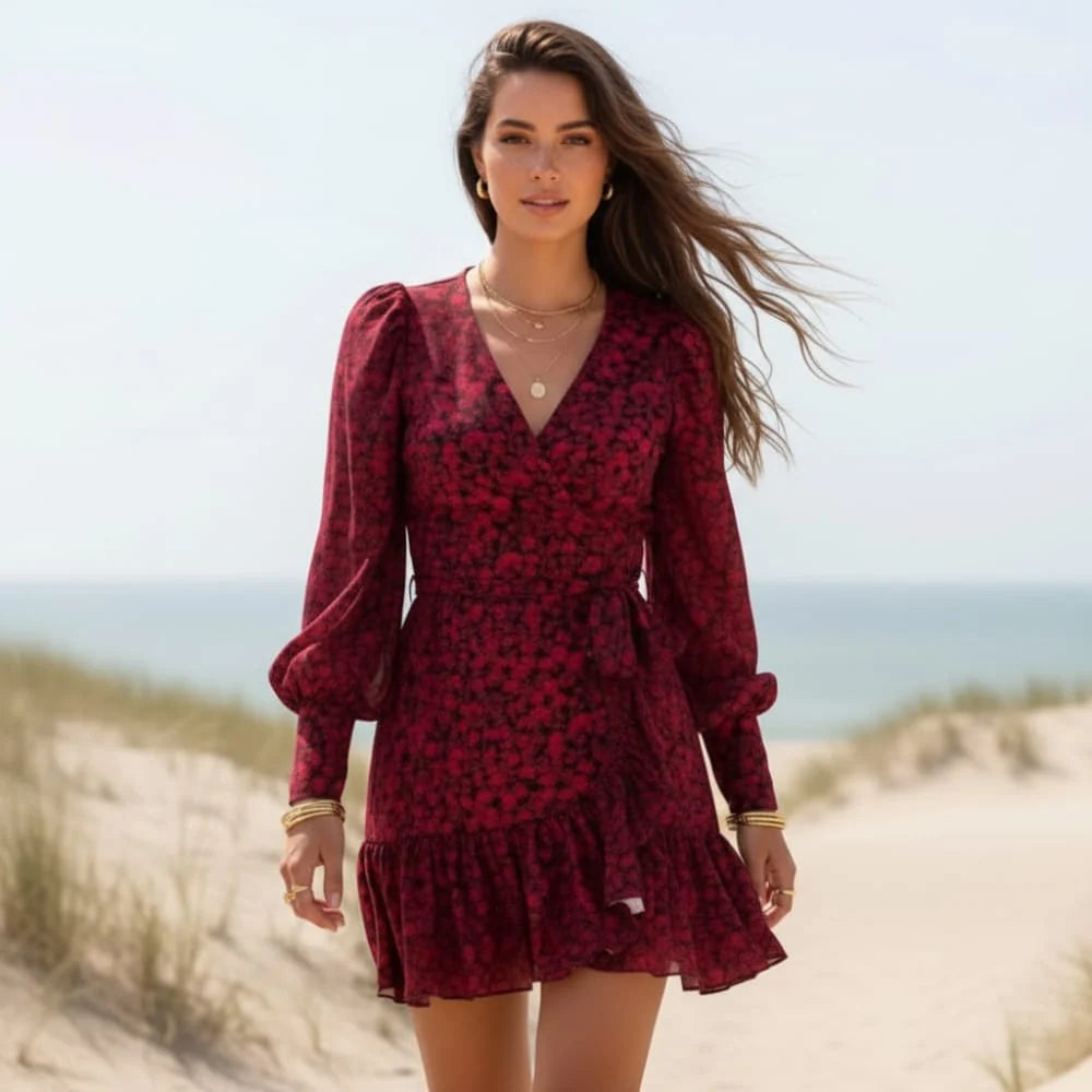 Boho V Neck Printed Mini Dress