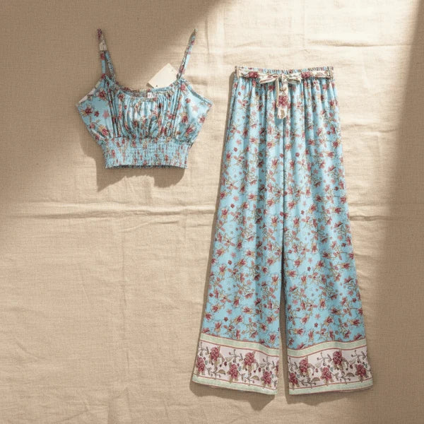 Light Blue Floral Crop Top Wide Leg Pants Set