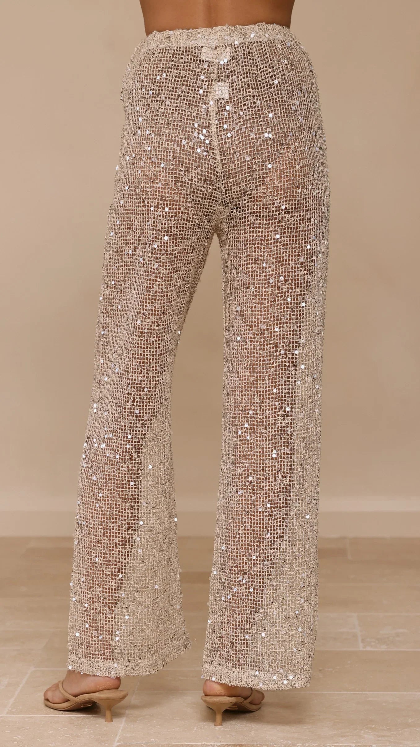 Zarina Sequin Long Line Top and Pants Set Beige