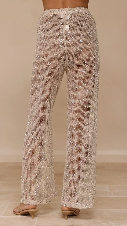 Zarina Sequin Long Line Top and Pants Set Beige