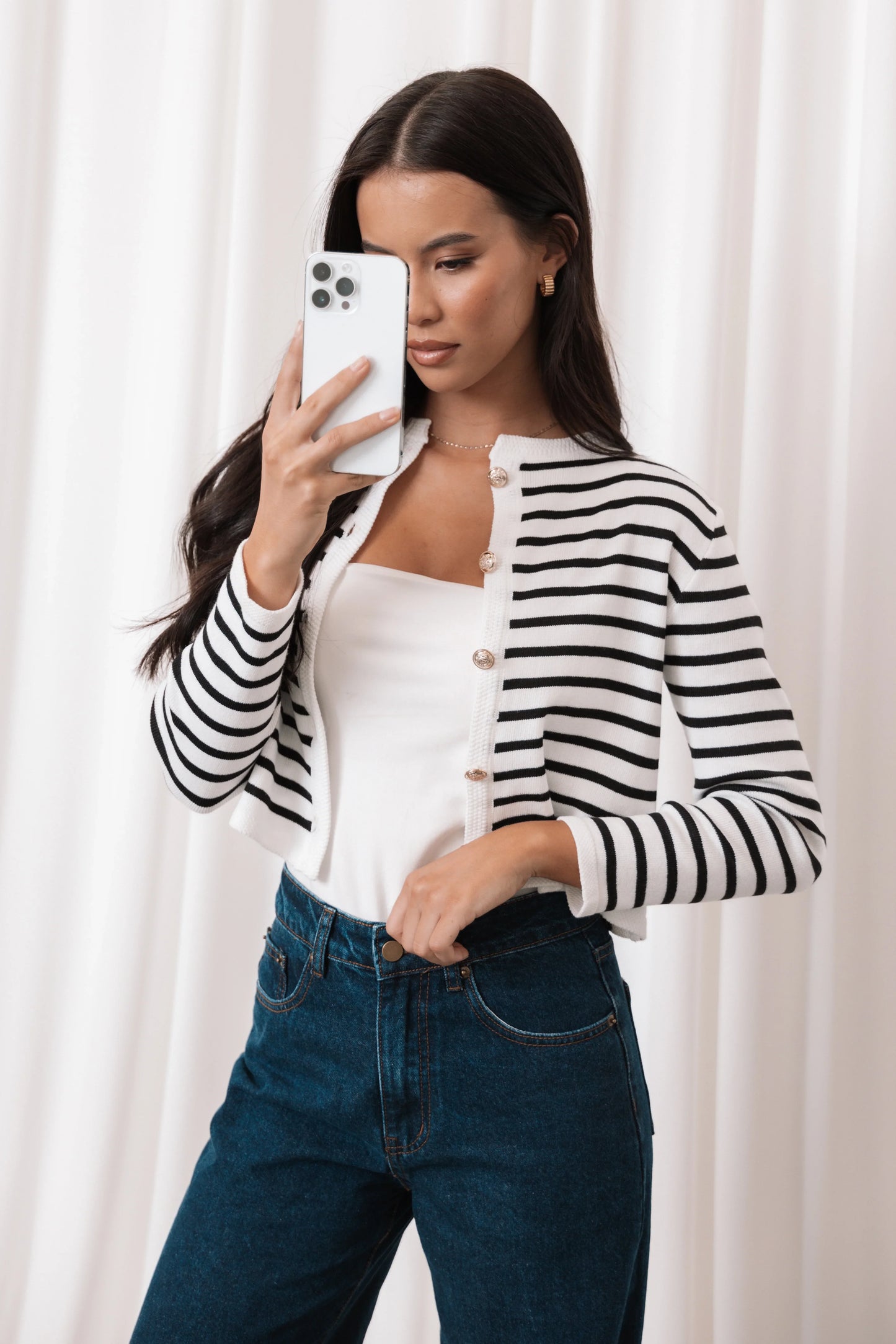 Cynthia Striped Button Front Cardigan Black Cream