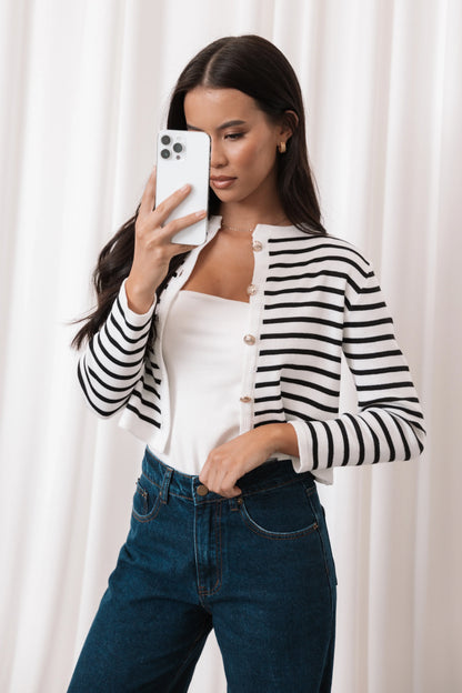 Cynthia Striped Button Front Cardigan Black Cream