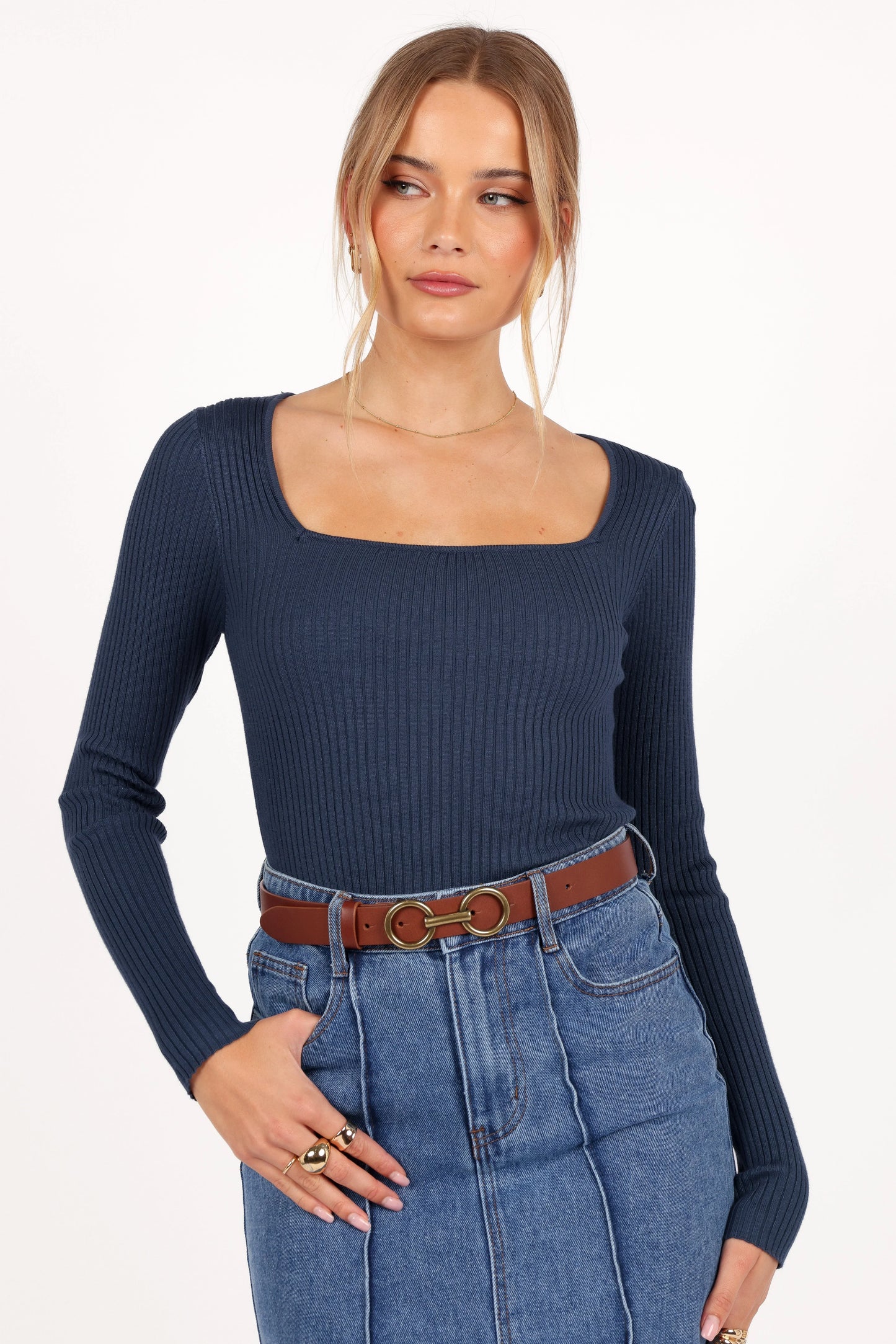 Shani Ribbed Knit Top Dusty Blue