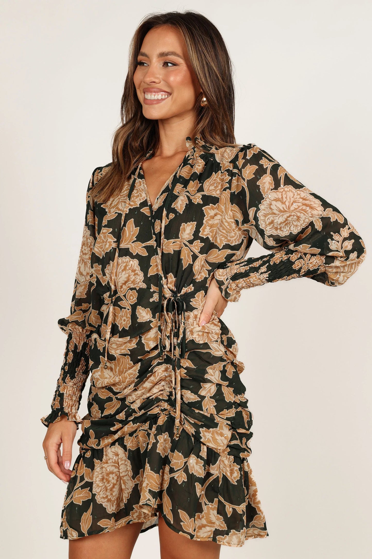 Micha Ruched High Neck Mini Dress Pine Gold