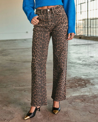 Yaron Stretch High Rise Straight Leg Leopard Print Jeans