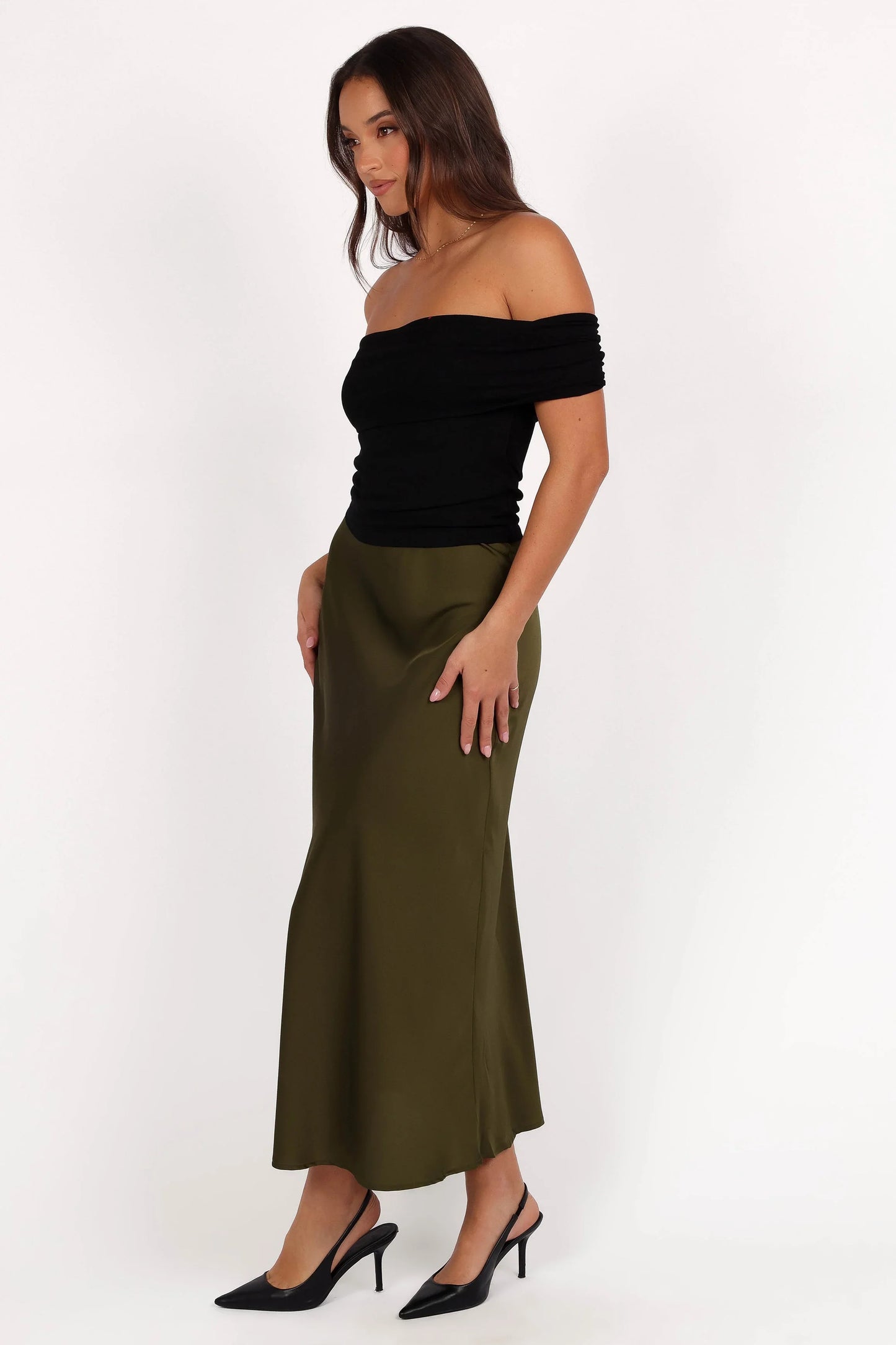 Nellie Satin Midi Skirt Olive