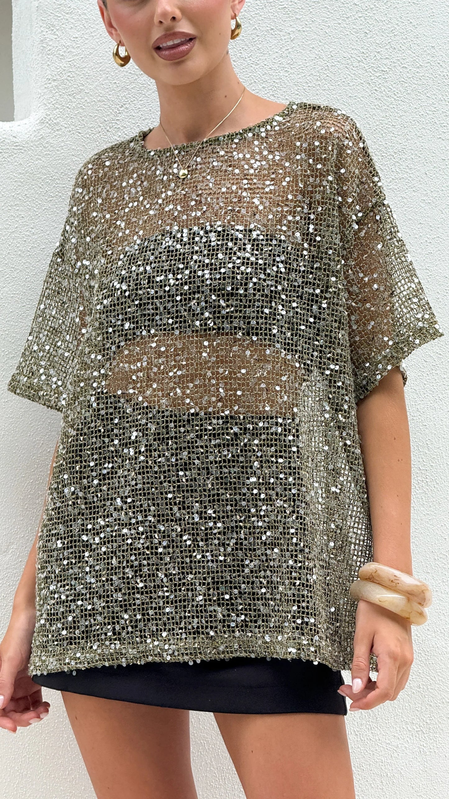 Zinnia Oversized Sequins Tee Khaki