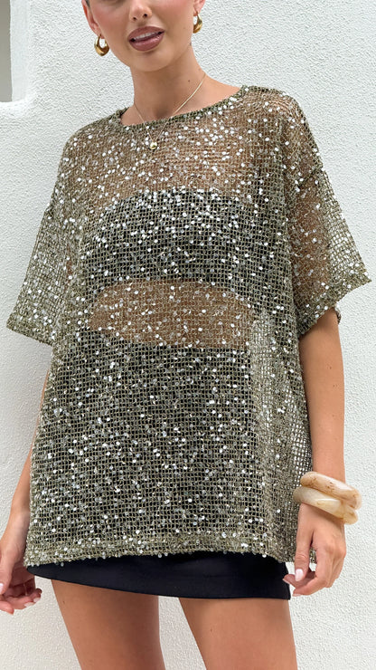 Zinnia Oversized Sequins Tee Khaki