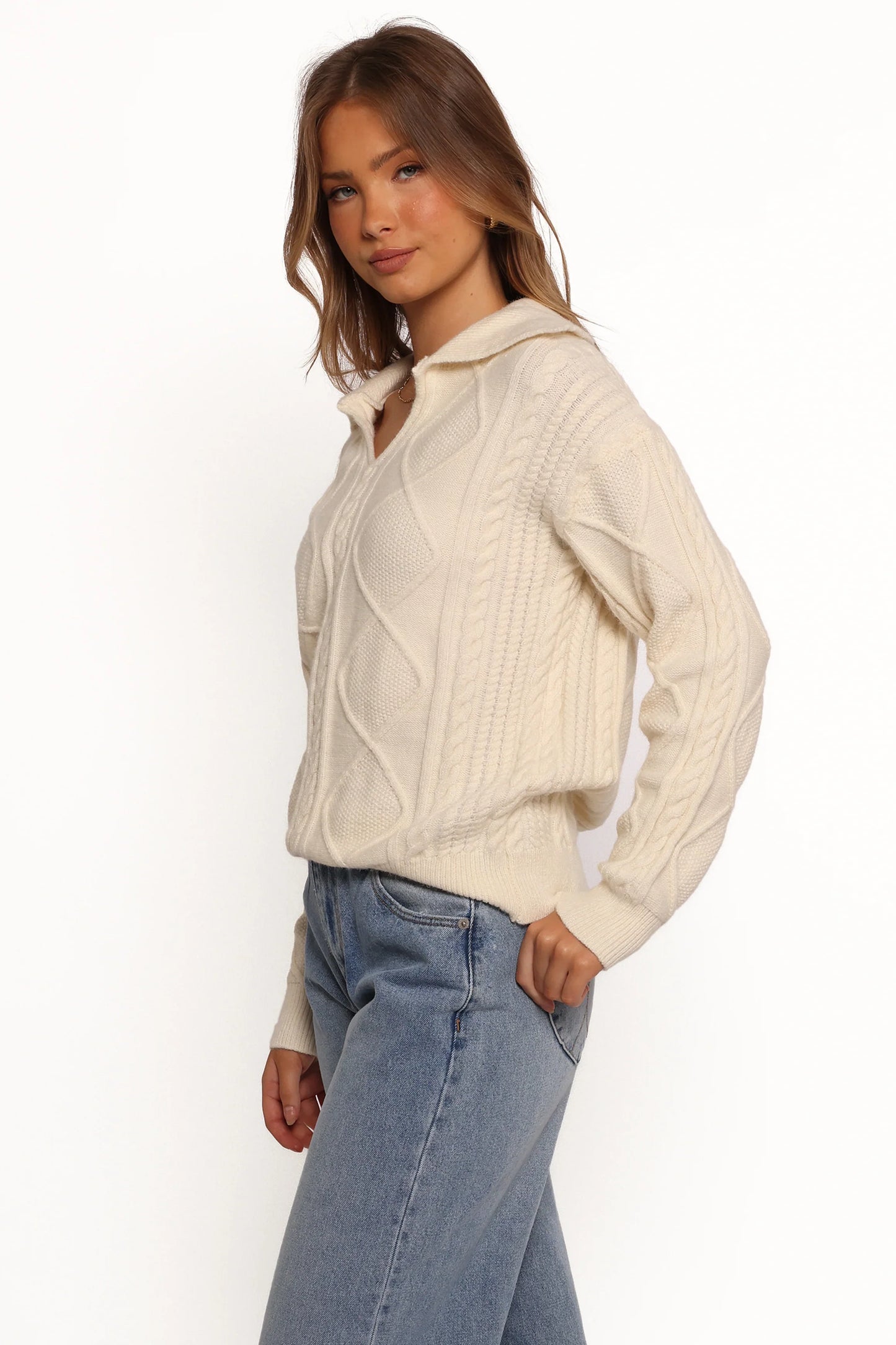 Robbie Collar Neck Cable Knit Sweater Cream
