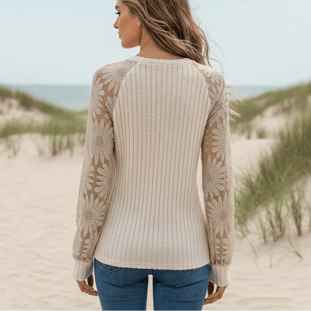 Boho Ribbed Lace Long Sleeve Blouse