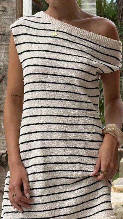 Robin Off Shoulder Mini Dress Cream Black Stripe