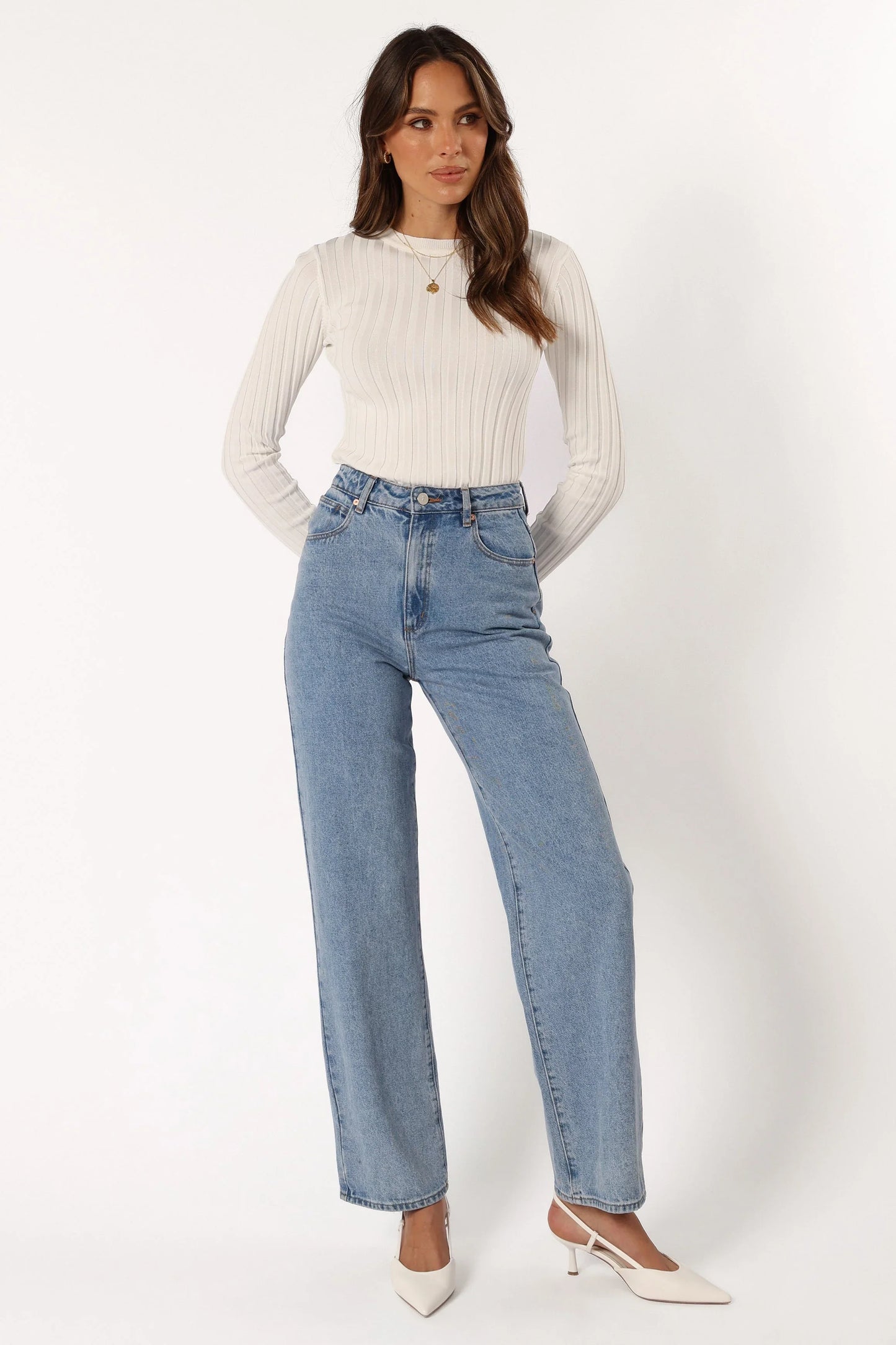 Aneesa Wide Rib Knit Top White