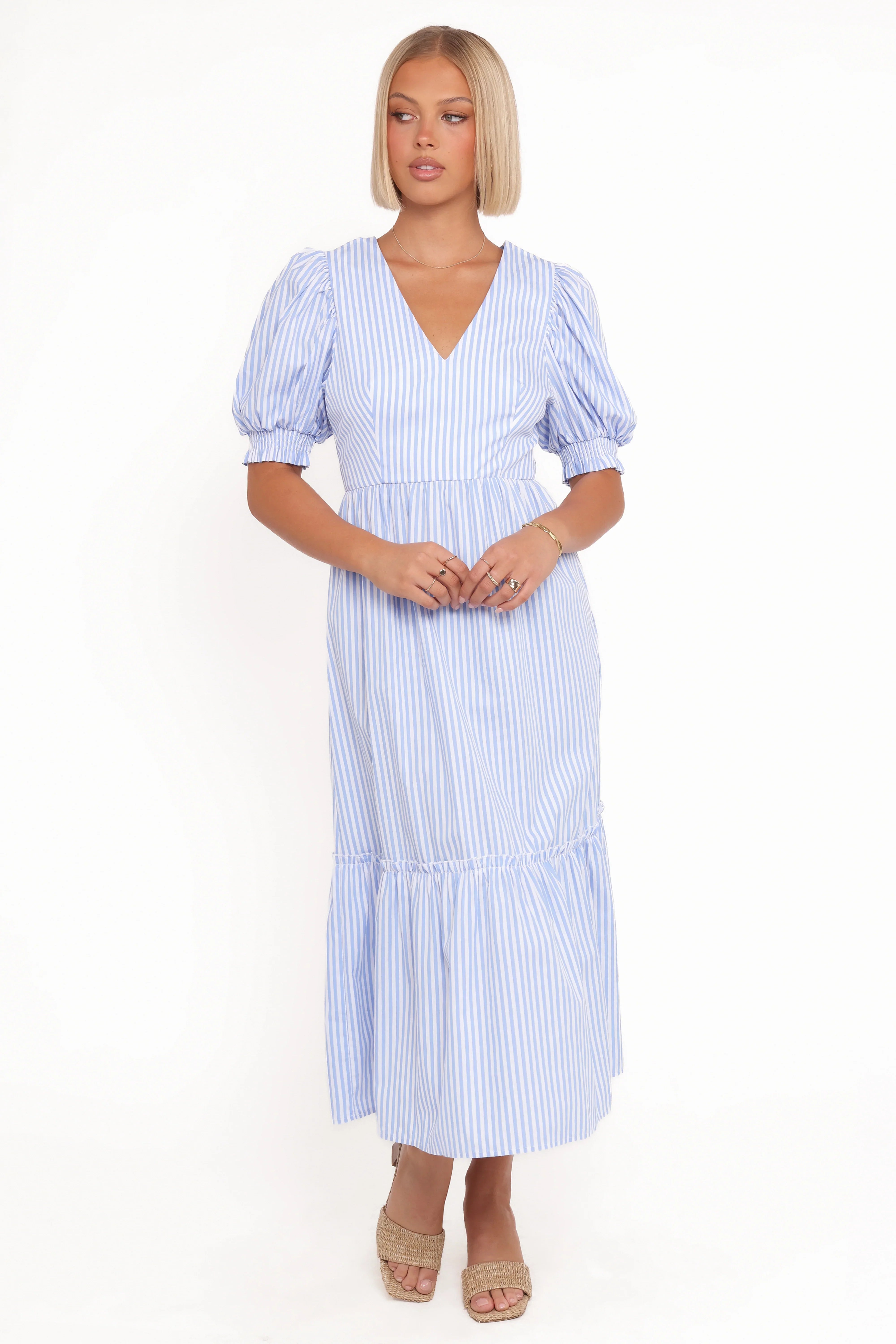 Steele Puff Sleeve Midi Dress Blue Stripe