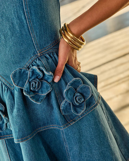 Denim Rose Peplum Rosette Mini Denim Dress