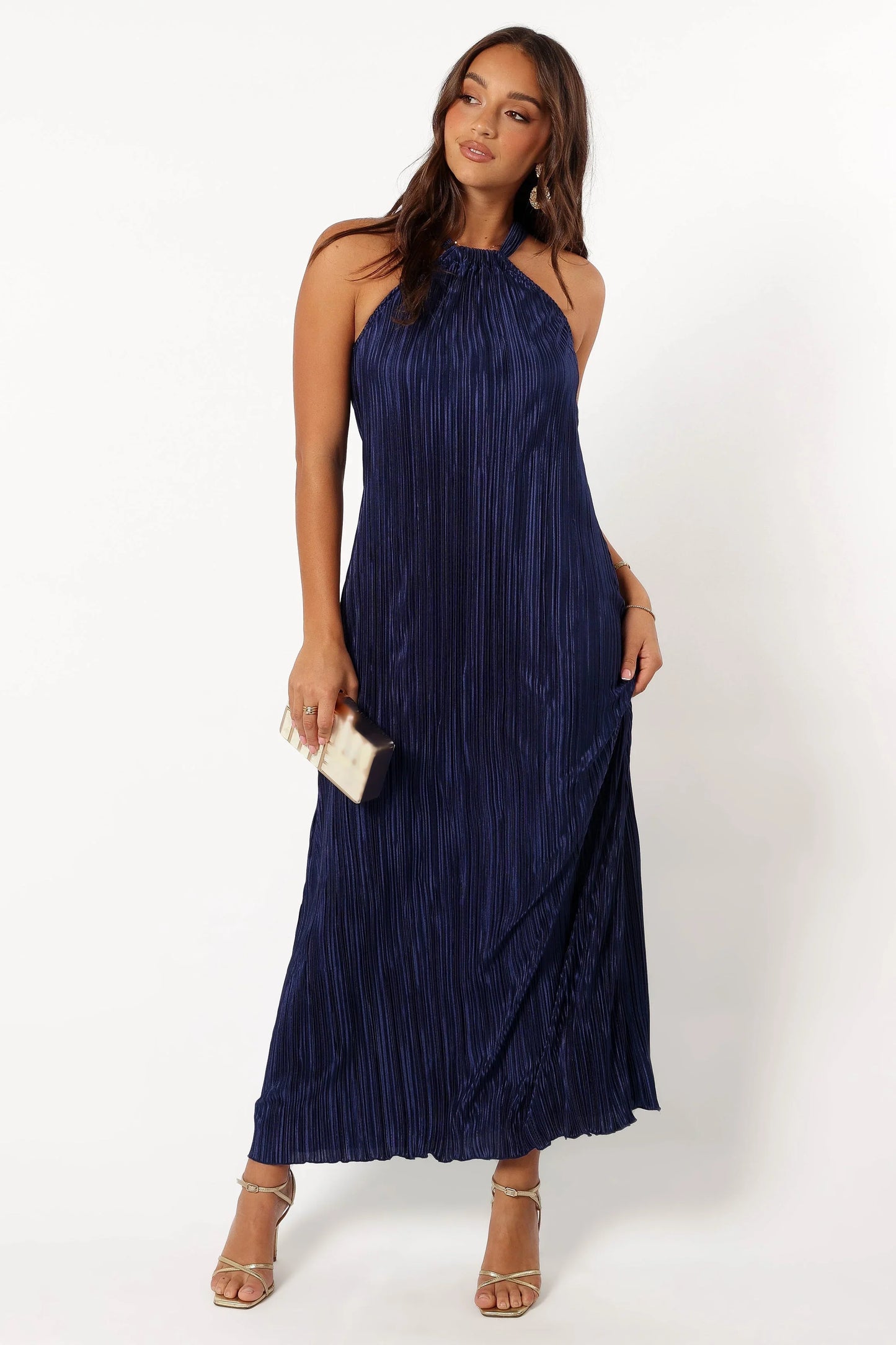 Melody Plisse Halter Maxi Dress Navy