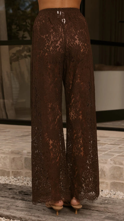Ebony Asymmetrical Lace Top Pants Set Brown