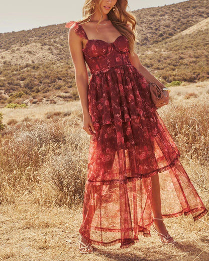 Reina Tiered Mesh Floral Maxi Dress