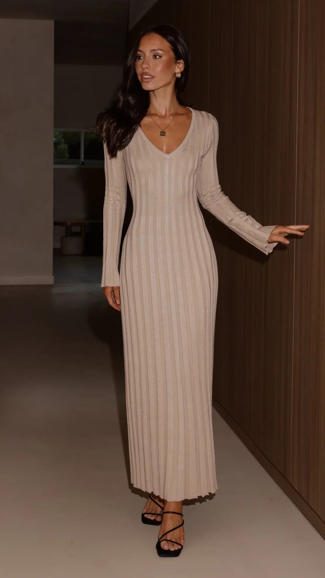 Cyra Long Sleeve Maxi Dress Beige