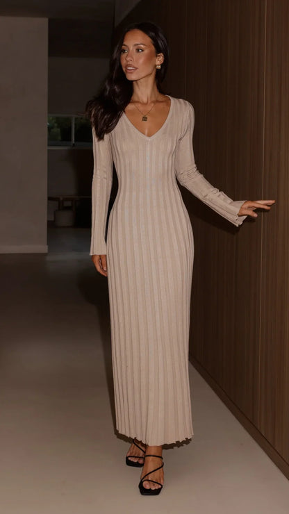 Cyra Long Sleeve Maxi Dress Beige