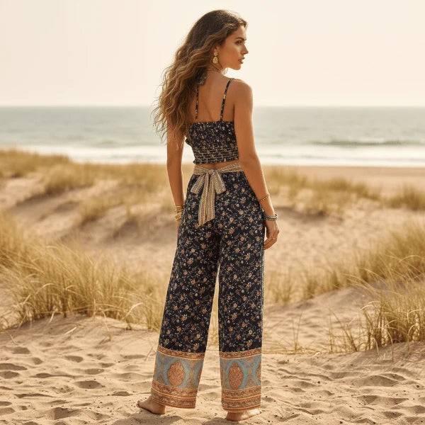 Midnight Floral Crop Top Wide Leg Pants Set