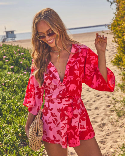 Shaney Color Block Waist Tie Floral Romper