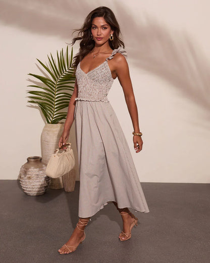 Sun Weathered Smocked Striped Midi Dress