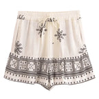 Ivory Sands Boho Border Print High Waist Drawstring Shorts with Pockets