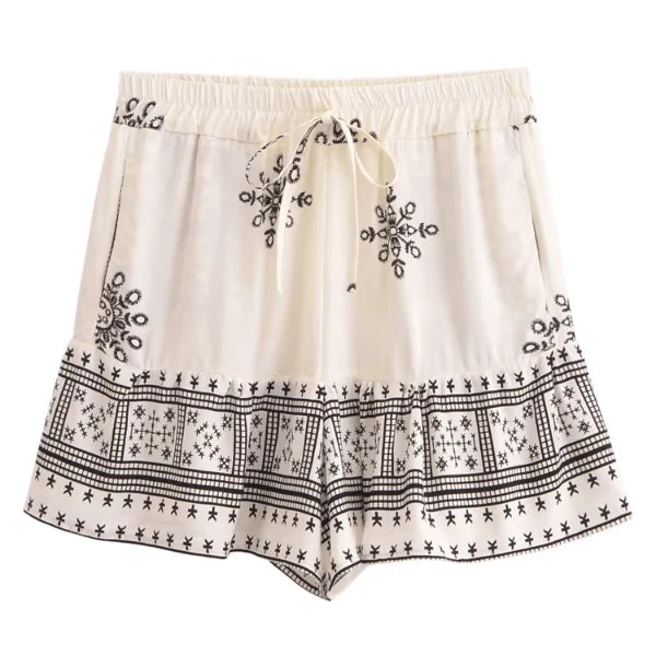 Ivory Sands Boho Border Print High Waist Drawstring Shorts with Pockets