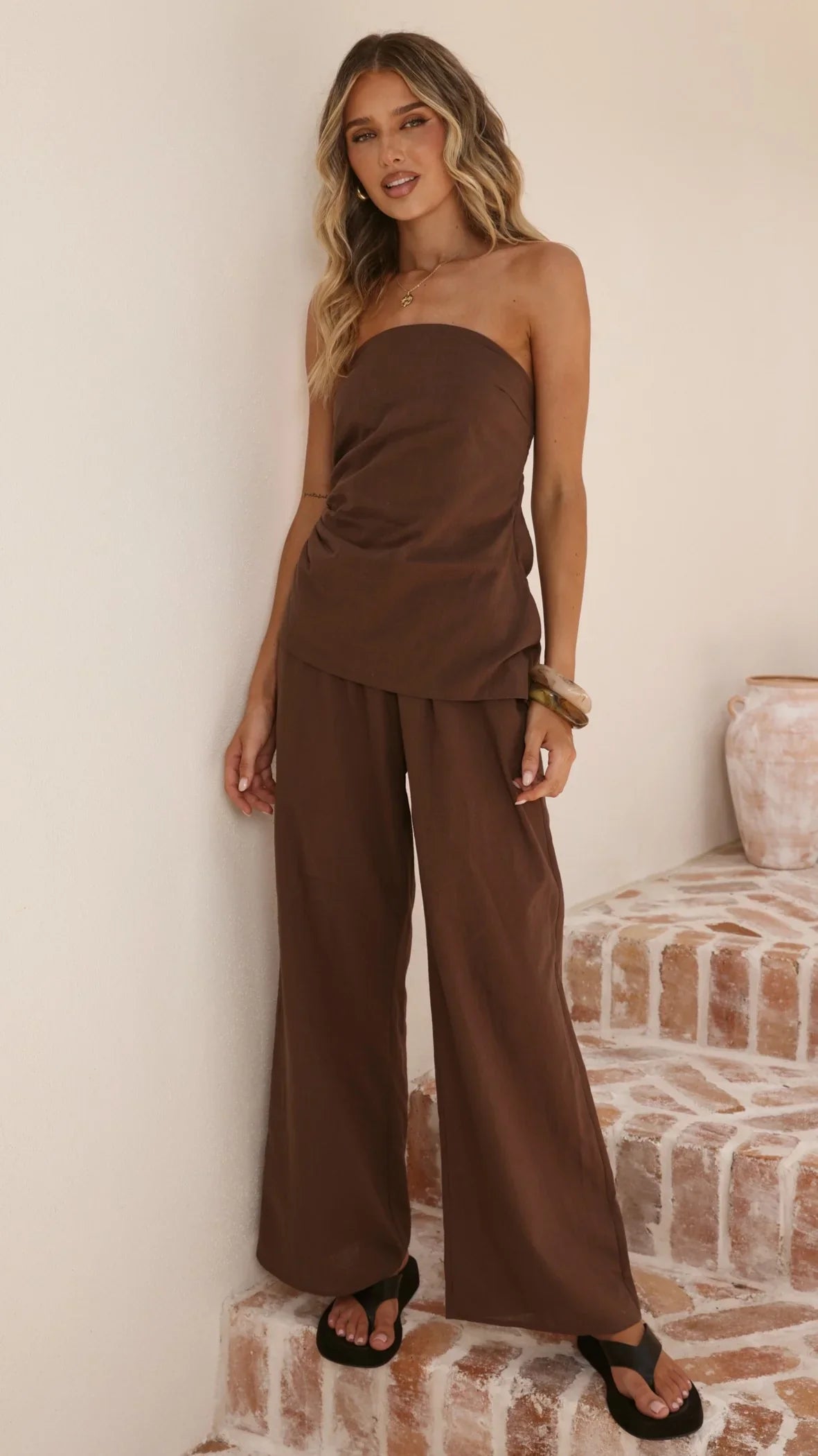 Yuki Strapless Top and Pants Set Chocolate