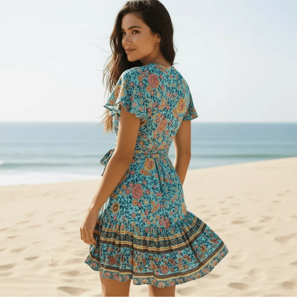 Green Boho Floral Wrap Mini Dress