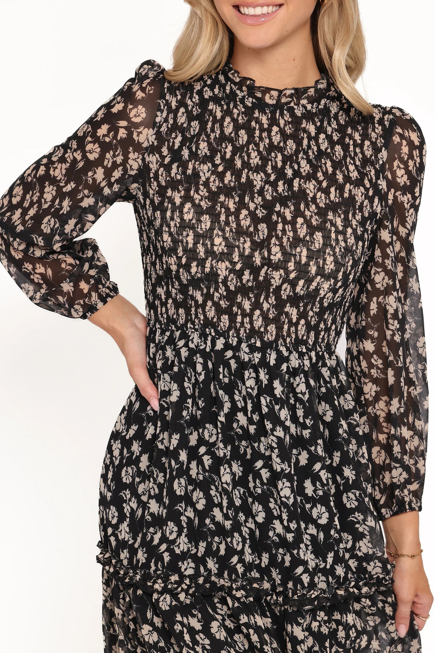 Edwina Shirred Frill Long Sleeve Midi Dress Black Ditsy Floral