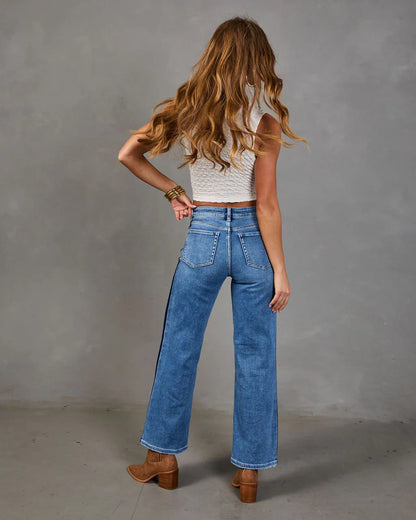 Orlena Stretch Two Tone Straight Leg Mid Rise Jeans
