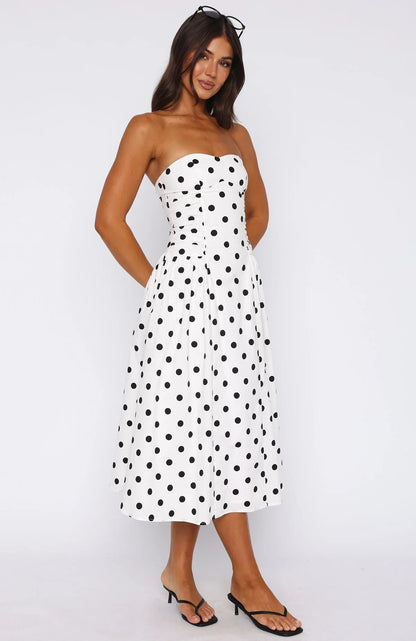 Rich In Love Strapless Midi Dress White Black Polka Dot