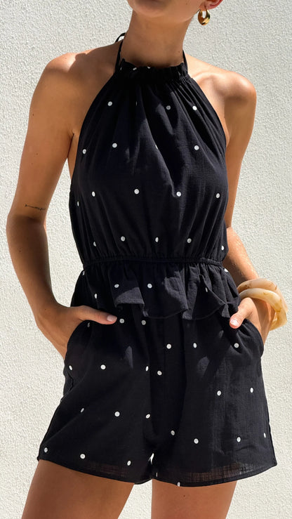 Nalia Halter Neck Playsuit Black Polka
