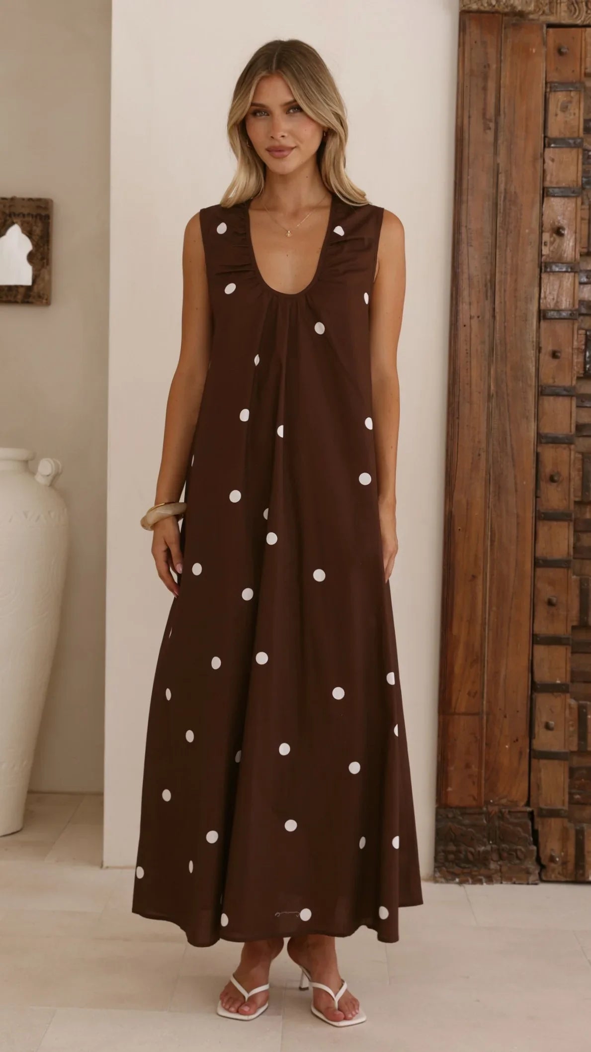 Scout Maxi Dress Chocolate White Polka