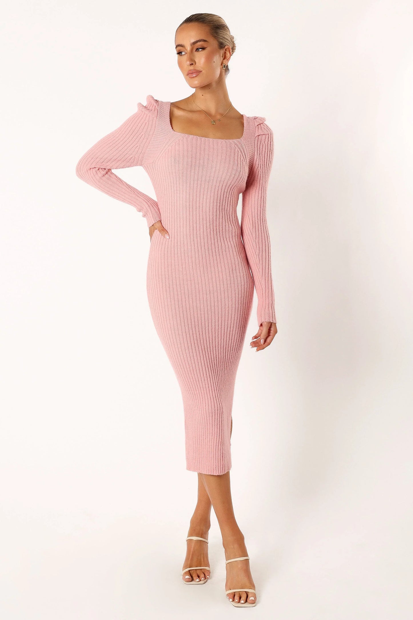Camryn Puff Sleeve Knit Sweater Midi Dress Blush