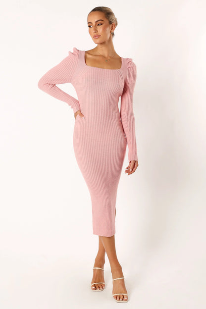 Camryn Puff Sleeve Knit Sweater Midi Dress Blush
