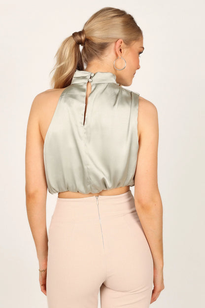 Arabella High Neck Drape Satin Top Olive