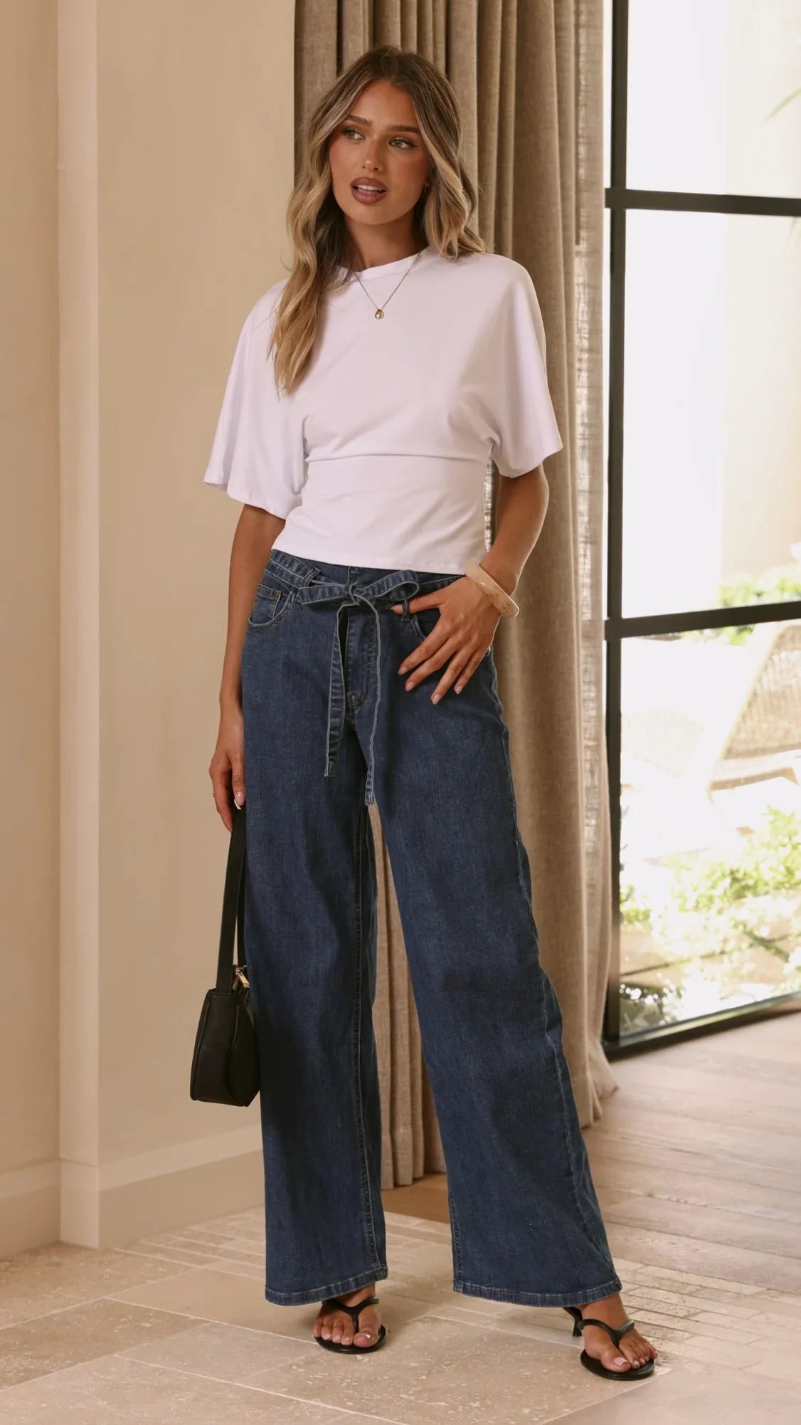 Vicky Tie Waist Straight Leg Jeans Dark Wash