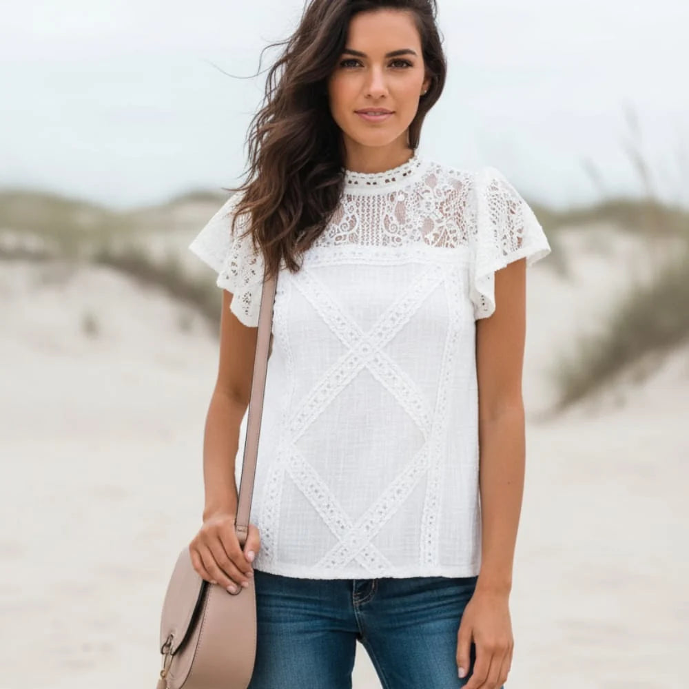 White Boho Lace Short Sleeve Blouse