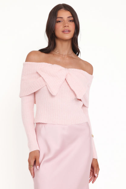 Helene Bow Off Shoulder Knit Sweater Pink