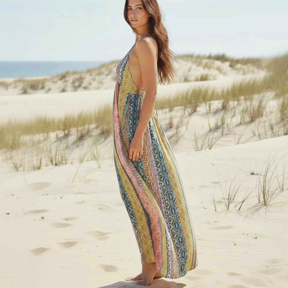 Sexy Deep V Neck Bohemian Print Maxi Dress