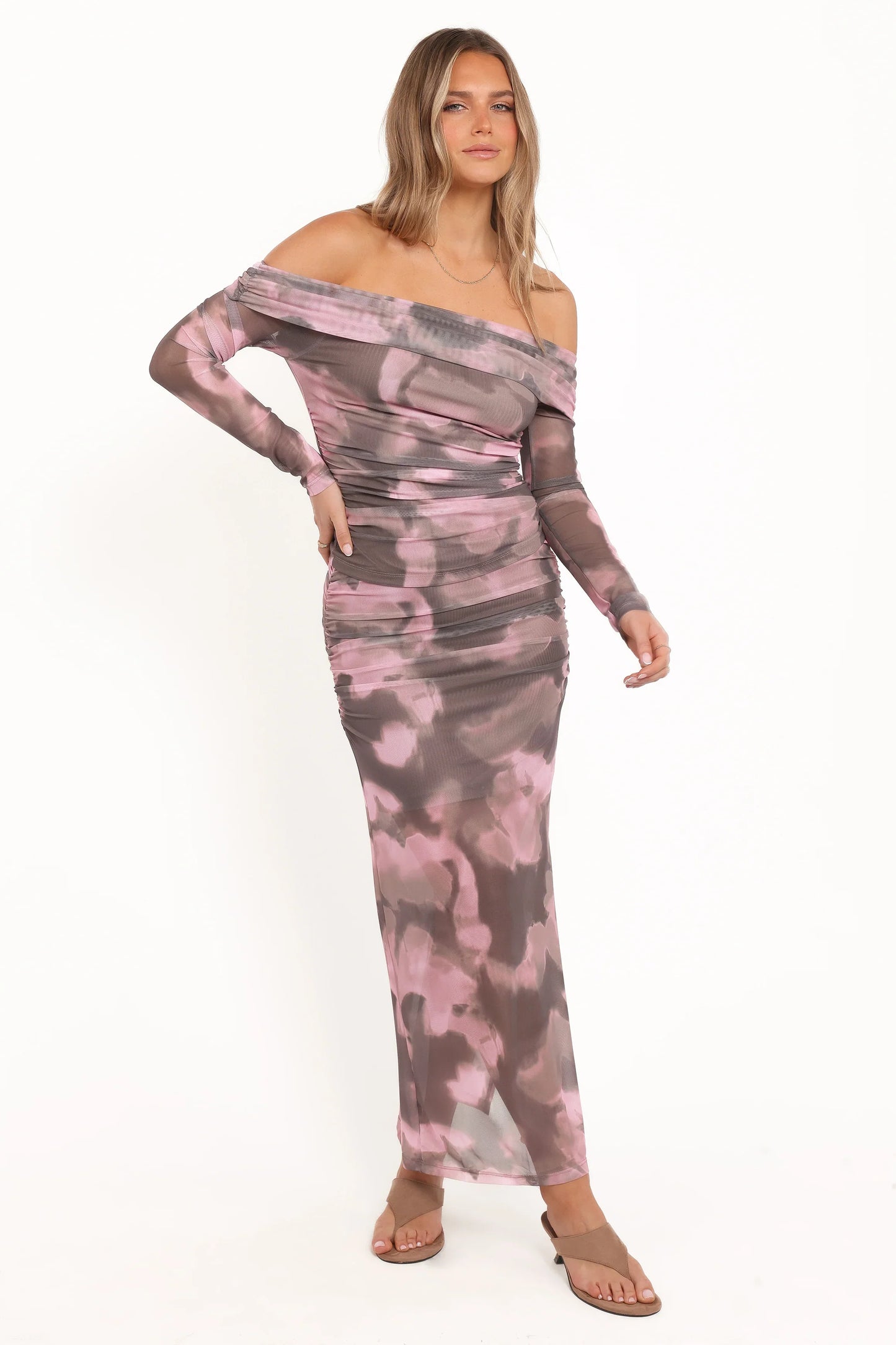 Caelira Off Shoulder Top Pink Brown Print