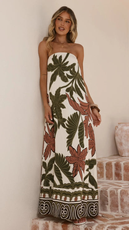 Connie Maxi Dress Green Beige Palm