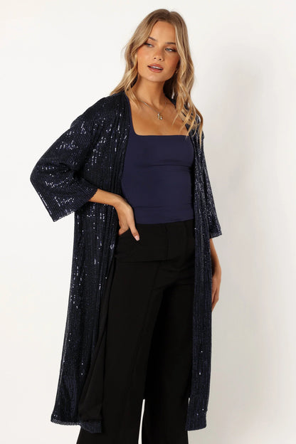 Karsyn Open Front Sequin Duster Navy