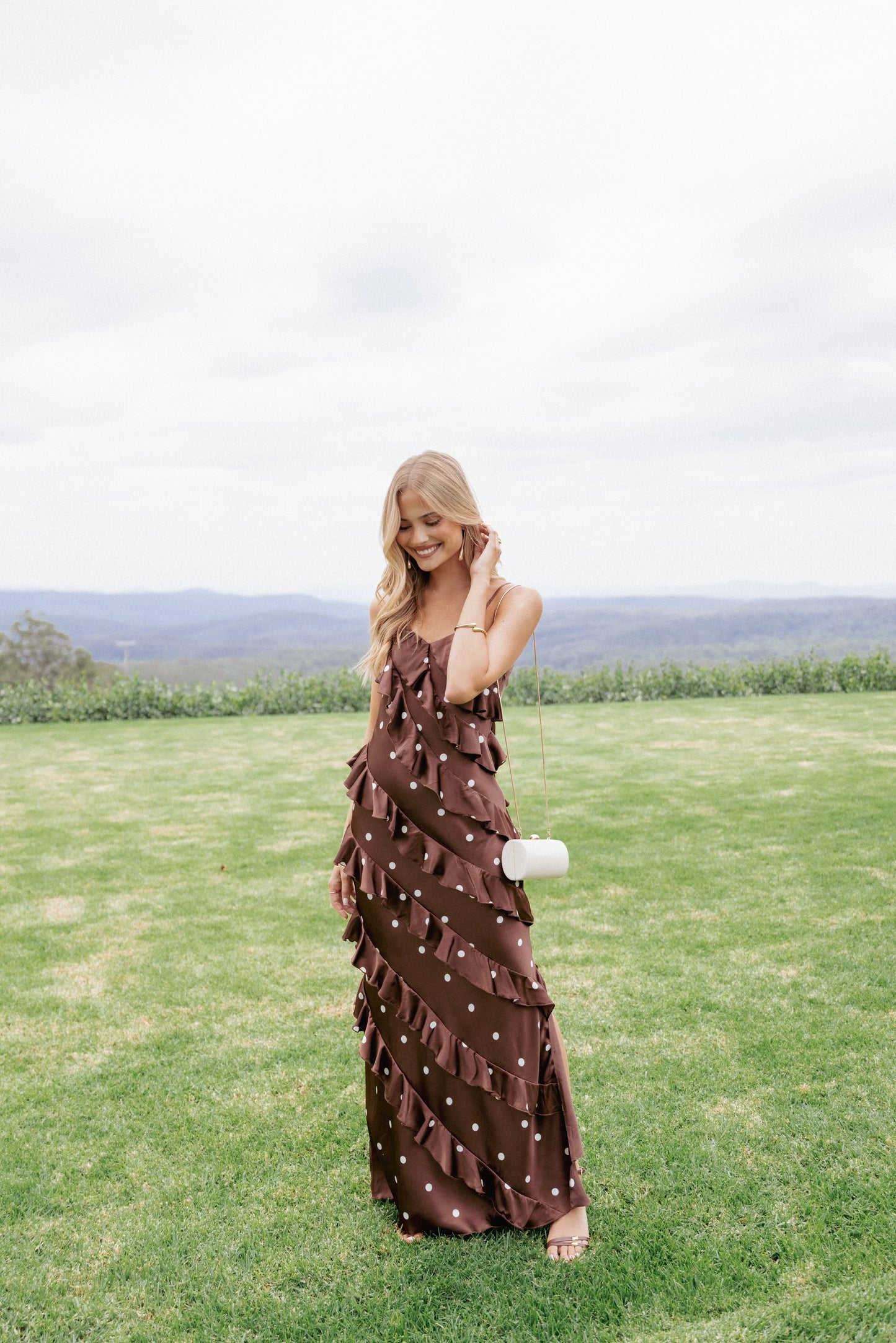 Ciao Ruffles Maxi Satin Dress Brown Polka Dot