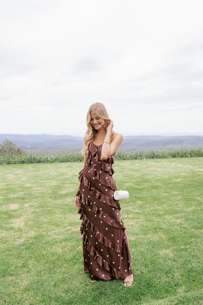Ciao Ruffles Maxi Satin Dress Brown Polka Dot