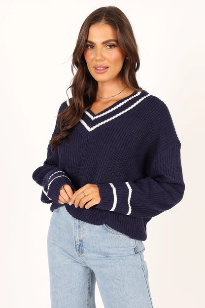 Leanna Vneck Knit Sweater Navy